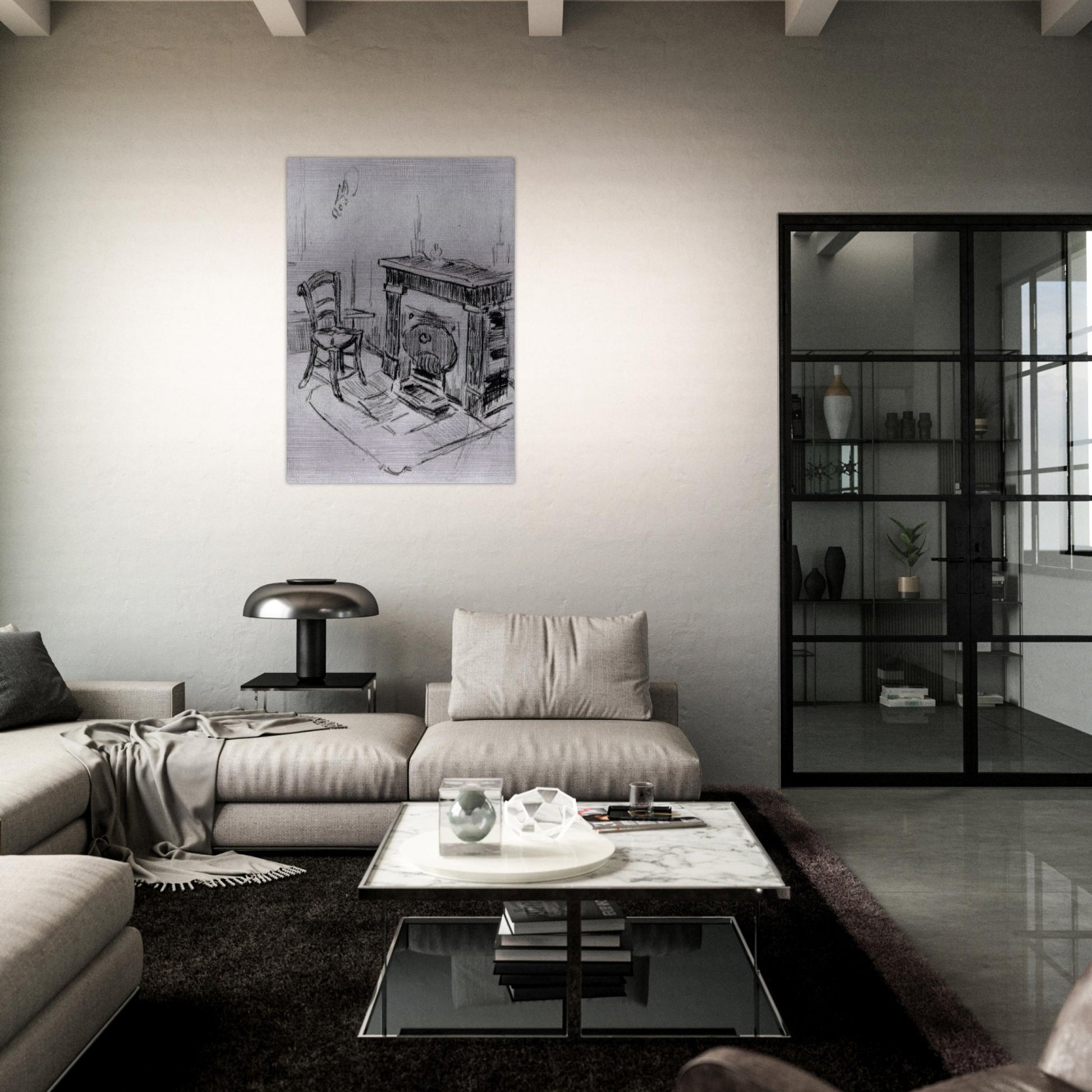 Mantelpiece with Chair - Vincent van Gogh Brushed Aluminum Print - 70x100 cm / 28x40 inches | Vincent van Gogh Aluminum Print | Vincent van Gogh Prints