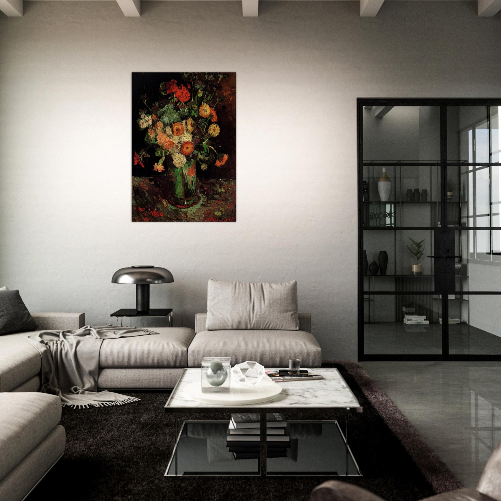 Vase with Zinnias and Geraniums - Vincent van Gogh Brushed Aluminum Print - 70x100 cm / 28x40 inches | Vincent van Gogh Aluminum Print | Vincent van Gogh Prints