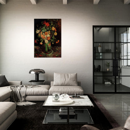 Vase with Zinnias and Geraniums - Vincent van Gogh Brushed Aluminum Print - 70x100 cm / 28x40 inches | Vincent van Gogh Aluminum Print | Vincent van Gogh Prints