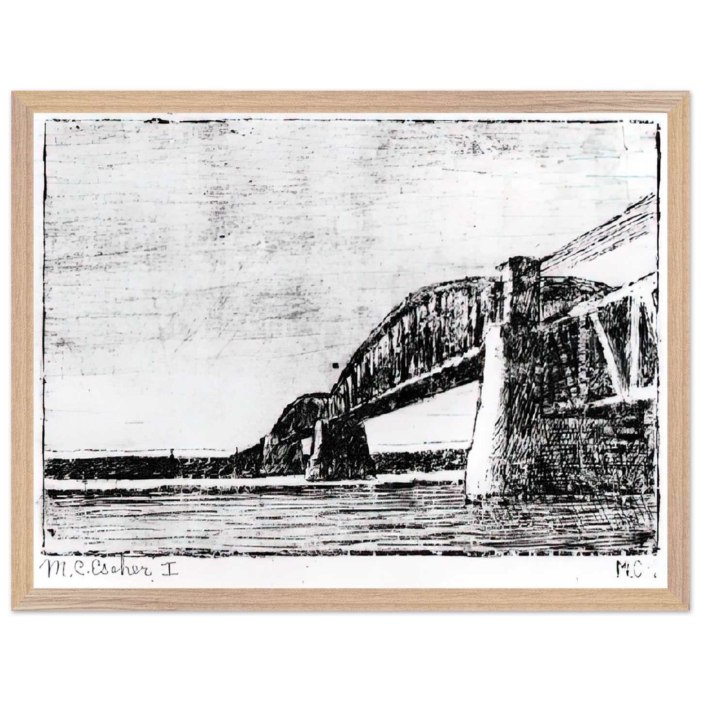 MC Escher - RAILWAY BRIDGE OOSTERBEEK Wall Art - 60x80 cm / 24x32 inches - Premium Wooden Framed Poster With Fine Art Paper-canvas - White frame