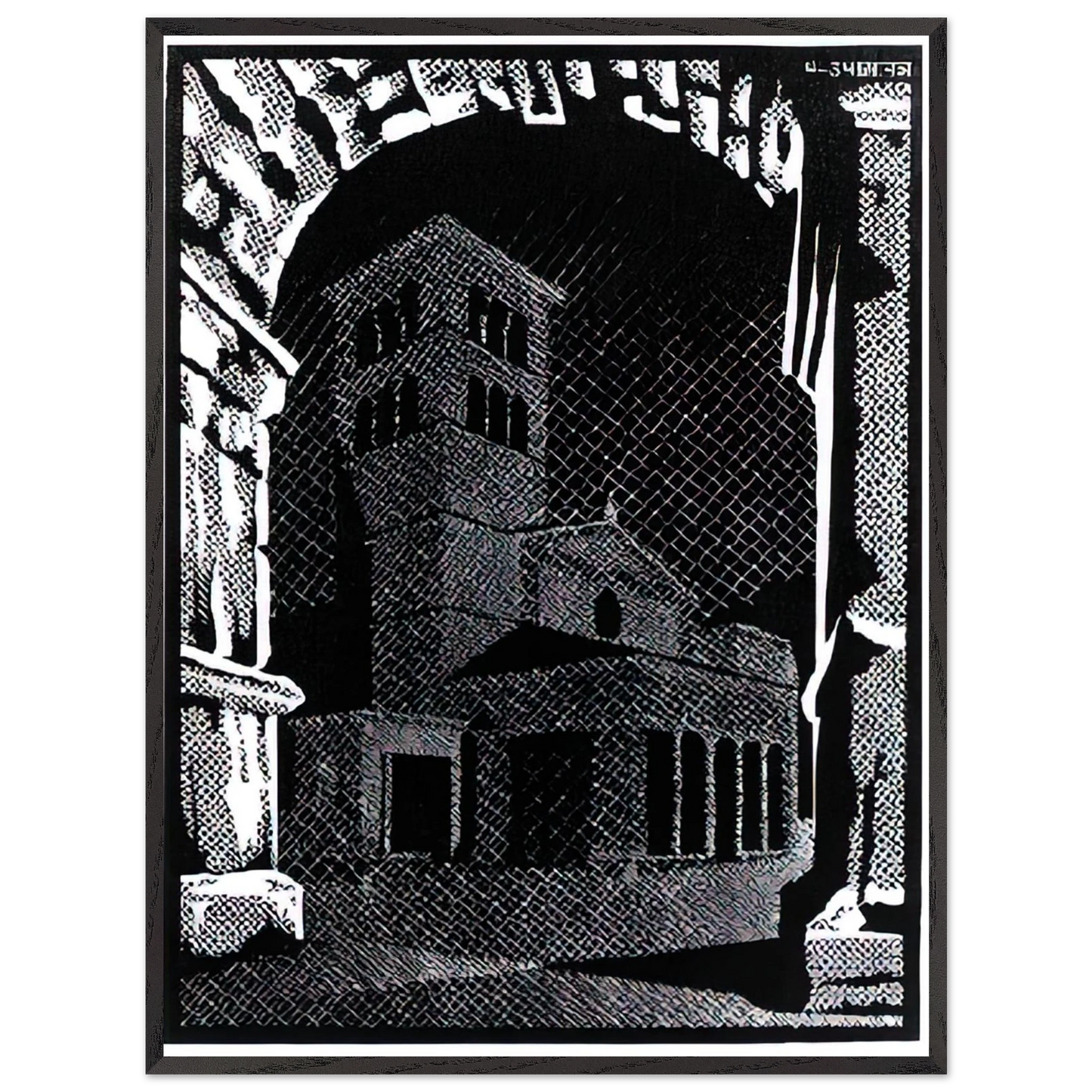 MC Escher - NOCTURNAL ROME 3 Wall Art - 21x29.7 cm / 8x12" - Premium Wooden Framed Poster With Fine Art Paper - Black frame