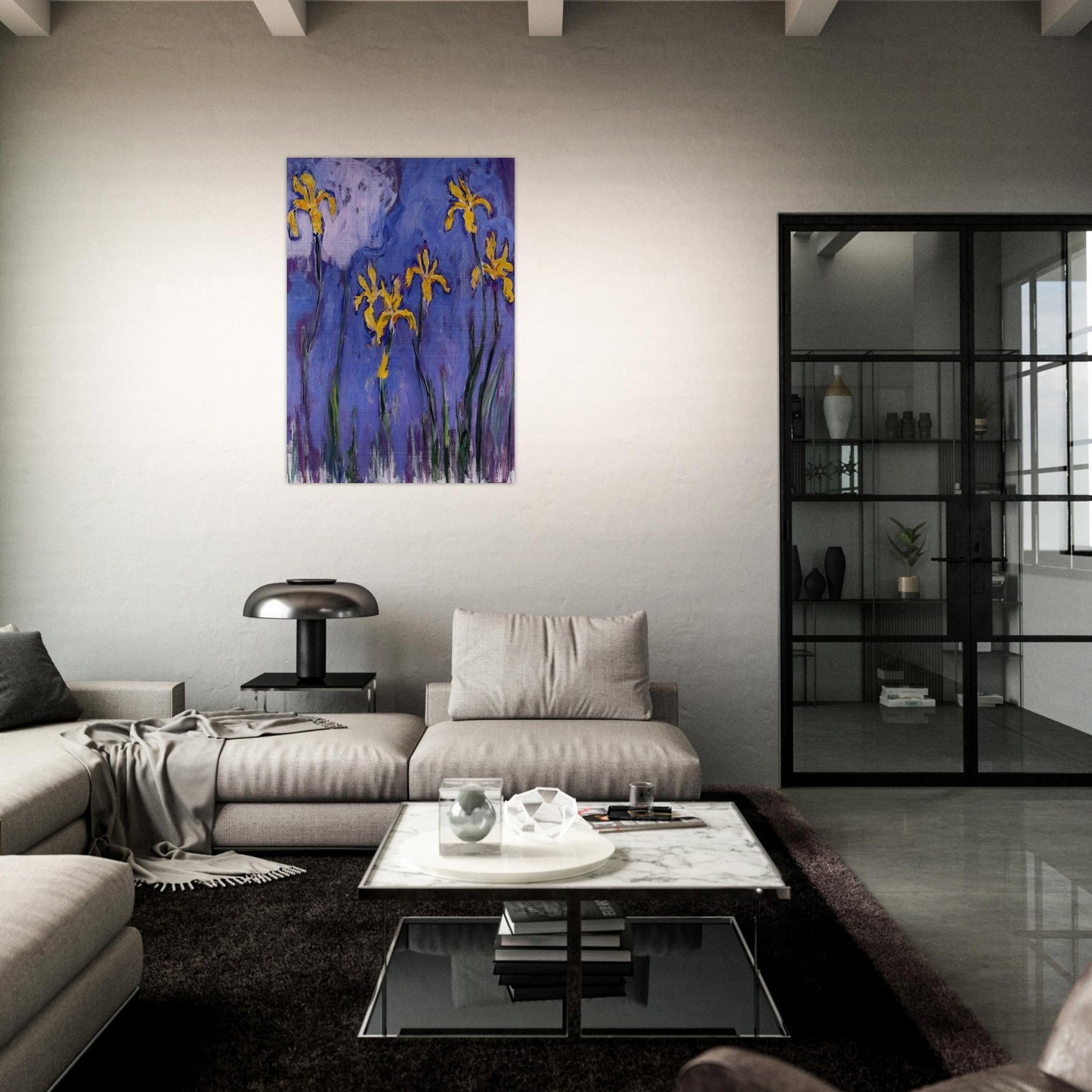 Yellow Irises with Pink Cloud - claude monet Brushed Aluminum Print - 70x100 cm / 28x40 inches | claude monet Aluminum Print | claude monet Prints