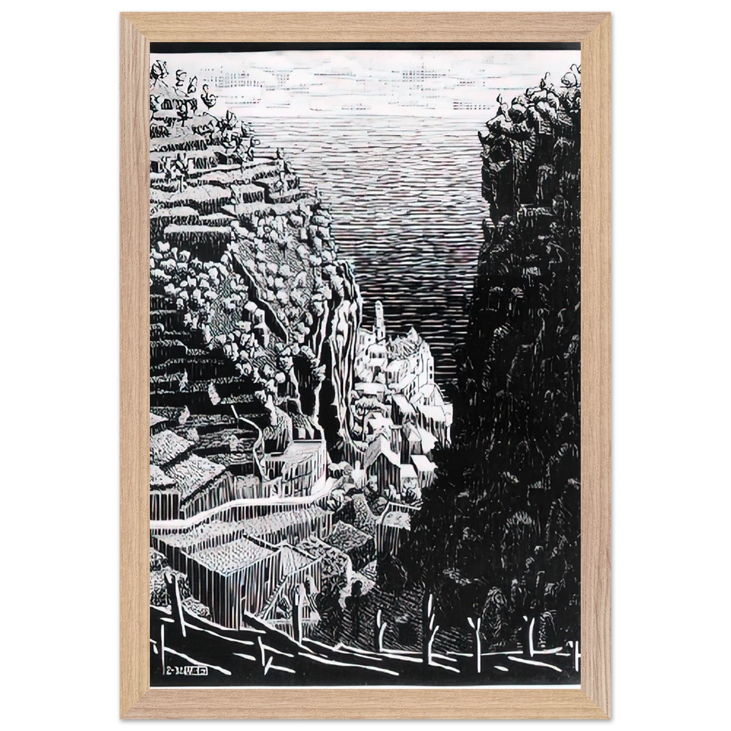 MC Escher - ATRANI COAST OF AMALFI 1 Wall Art - 30x40 cm / 12x16 inches - Premium Wooden Framed Poster With Fine Art Paper-canvas - White frame
