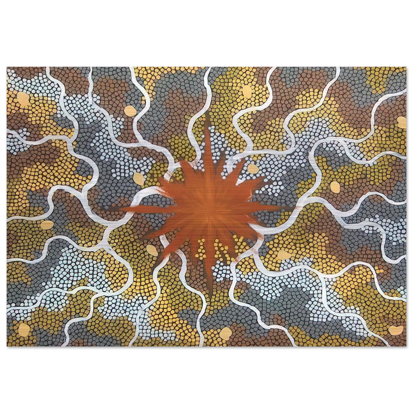 Creation, Lightning Dreaming - 1993 - Clifford Possum Tjapaltjarri Brushed Aluminum Print - 70x100 cm / 28x40 inches | Clifford Possum Tjapaltjarri Aluminum Print | Clifford Possum Tjapaltjarri Prints