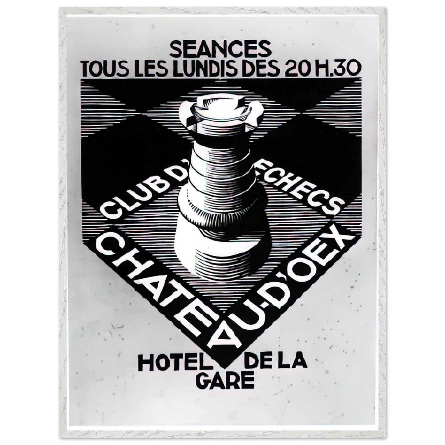 MC Escher - ADVERTISEMENT CHESS CLUB CHATEAU DOEX JULY 1936 1936 Wall Art - 21x29.7 cm / 8x12" - Premium Wooden Framed Poster With Fine Art Paper - Wood frame