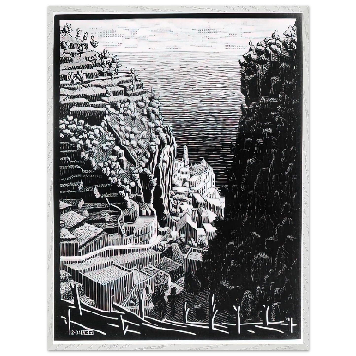 MC Escher - ATRANI COAST OF AMALFI 1 Wall Art - 30x40 cm / 12x16 inches - Premium Wooden Framed Poster With Fine Art Paper-canvas - Black frame