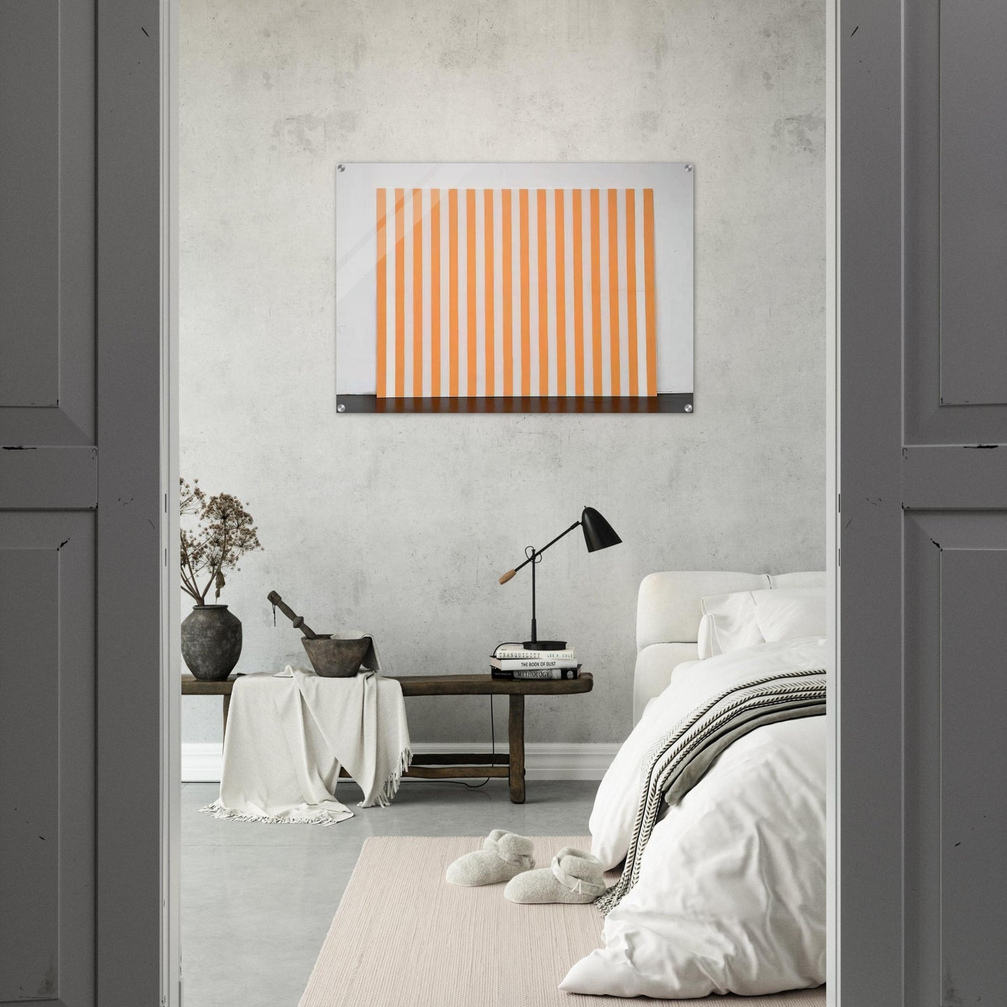 Peinture acrylique blanche sur tissu rayé blanc et orange - 1972 - Daniel Buren Acrylic Print - 70x100 cm / 28x40″ inches
