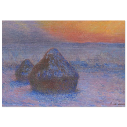 Stacks of Wheat Sunset, Snow Effect - claude monet Brushed Aluminum Print - 70x100 cm / 28x40 inches | claude monet Aluminum Print | claude monet Prints