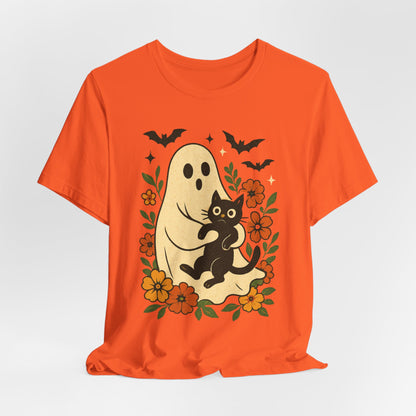 Fantôme effrayant tenant un chat noir Floral psychédélique Halloween
