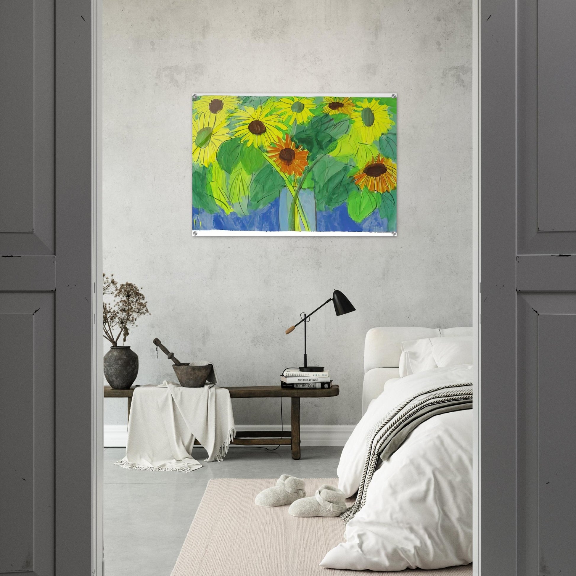 Orange and Yellow Sunflowers - Naïve Art Primitivism, Pop Art - Walasse Ting Acrylic Print - 70x100 cm / 28x40″ inches