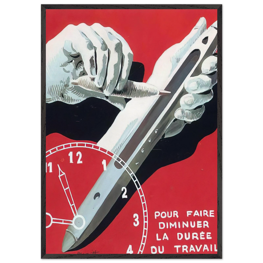 PROJECT OF POSTER THE CENTER OF TEXTILE WORKERS IN BELGIUM TO REDUCE WORKING HOURS 1938 - Rene Magritte 70x100 cm / 28x40 inches Framed Art Print – Black Wooden Frame