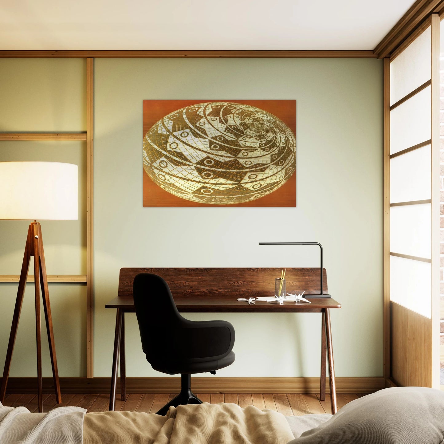 SPHERE SURFACE WITH FISHES COLOUR - MC Escher Brushed Aluminum Print - 70x100 cm / 28x40 inches | MC Escher Aluminum Print | MC Escher Prints
