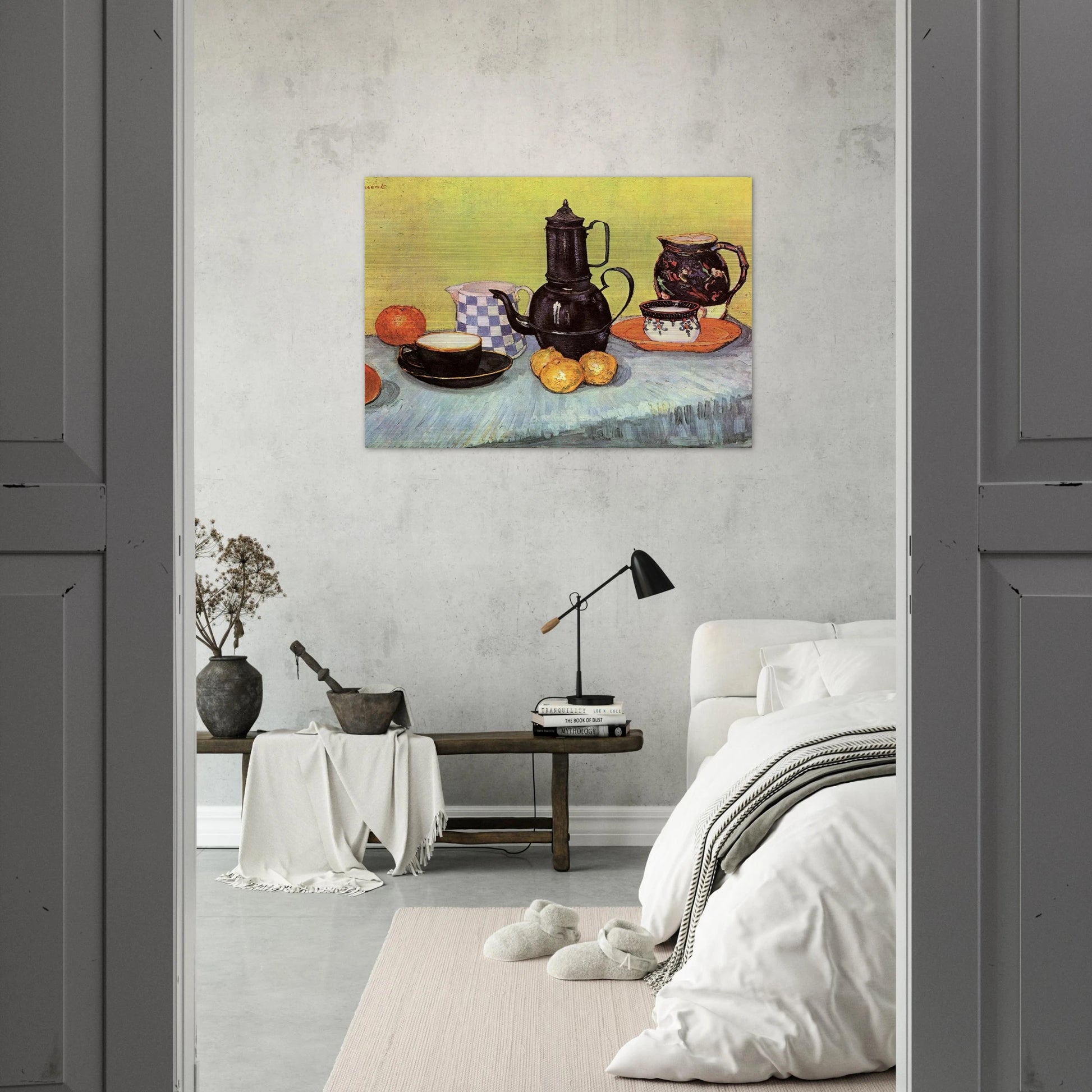 Still Life with Blue Enamel Coffeepot, Earthenware and Fruit - Vincent van Gogh Brushed Aluminum Print - 70x100 cm / 28x40 inches | Vincent van Gogh Aluminum Print | Vincent van Gogh Prints