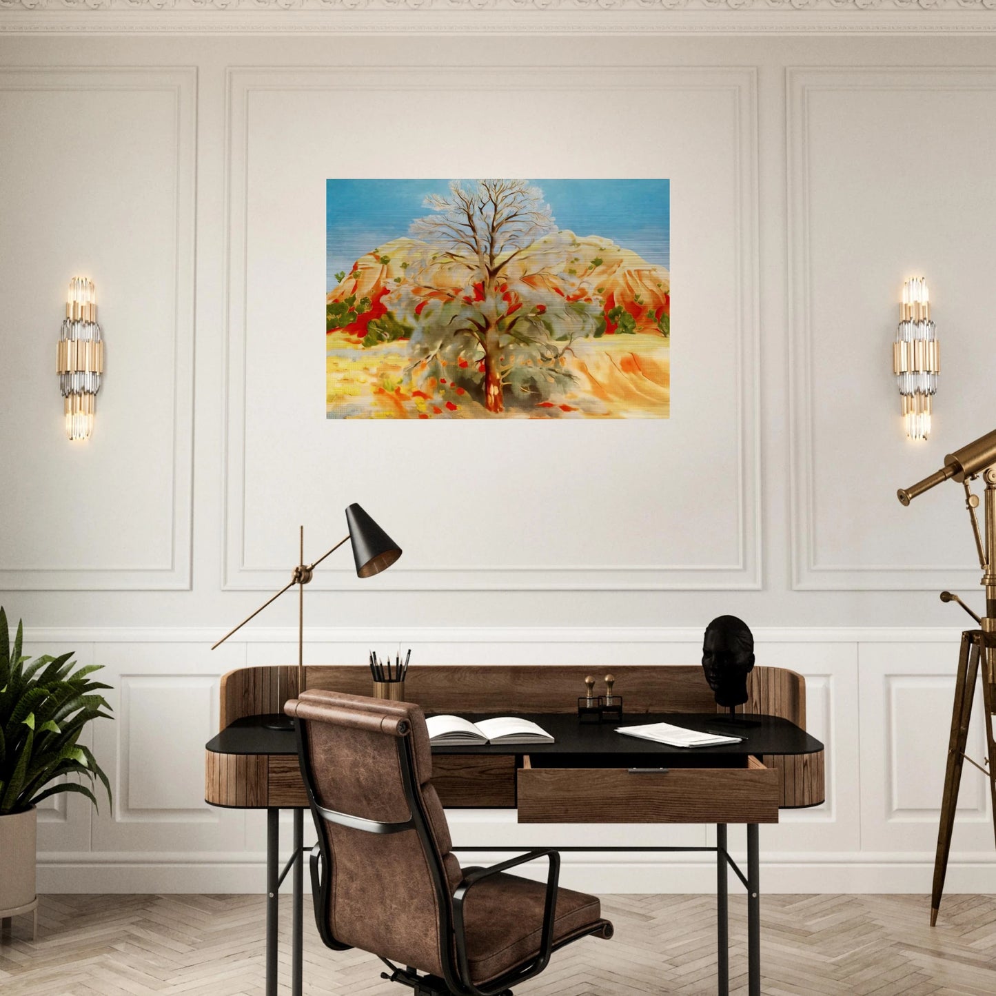 Dead Tree with Pink Hill - Georgia O'Keeffe Brushed Aluminum Print - 70x100 cm / 28x40 inches | Georgia O'Keeffe Aluminum Print | Georgia O'Keeffe Prints