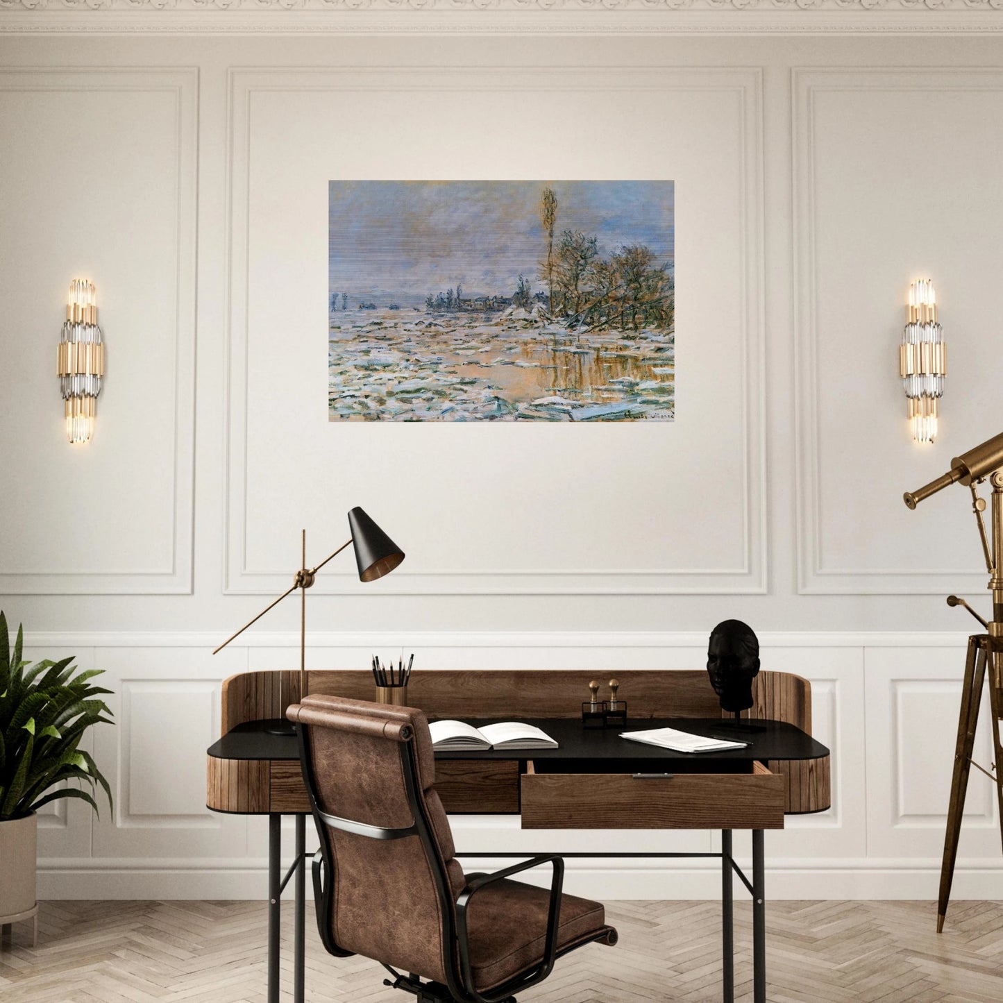 Breakup of Ice, Lavacourt, Grey Weather - claude monet Brushed Aluminum Print - 70x100 cm / 28x40 inches | claude monet Aluminum Print | claude monet Prints