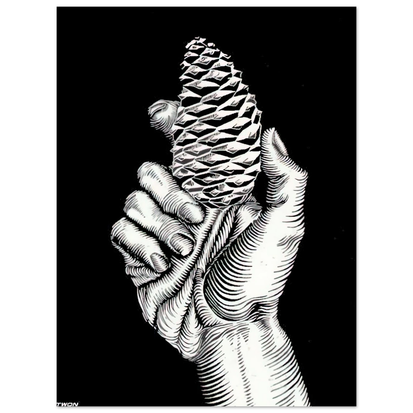 MC Escher - HAND WITH FIR CONE Wall Art - 21x29.7 cm / 8x12" - Premium Wooden Framed Poster With Fine Art Paper - White frame