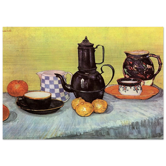 Still Life with Blue Enamel Coffeepot, Earthenware and Fruit - Vincent van Gogh Brushed Aluminum Print - 70x100 cm / 28x40 inches | Vincent van Gogh Aluminum Print | Vincent van Gogh Prints