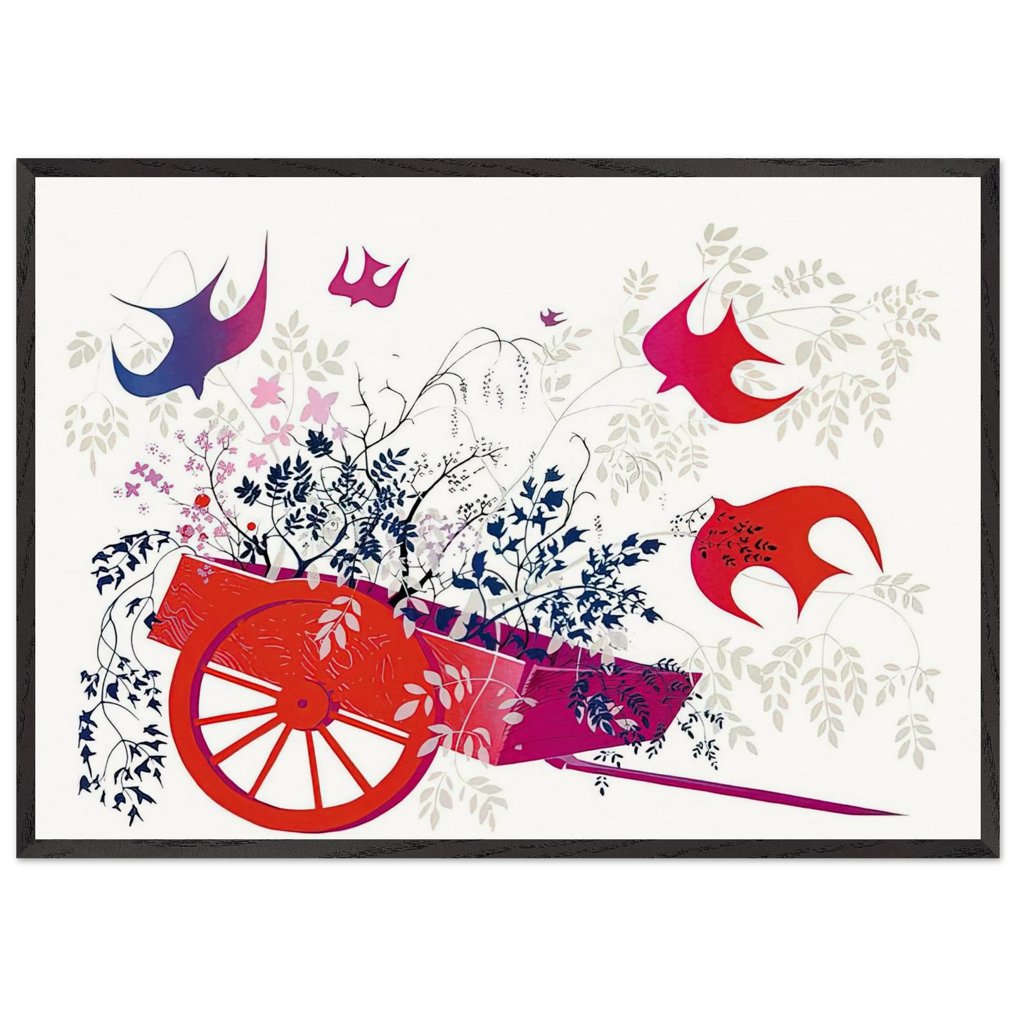 Red Wagon  Foliage - Eyvind Earle 70x100 cm / 28x40 inches Framed Art Print – Black Wooden Frame
