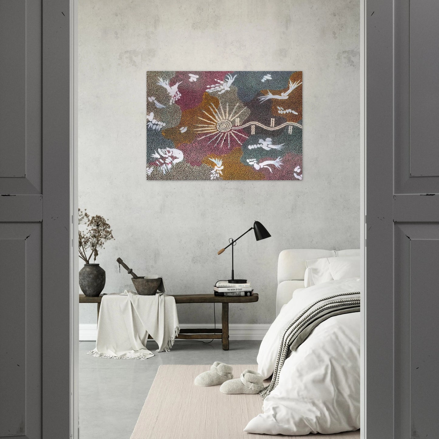Lightning Dreaming - 1999 - Clifford Possum Tjapaltjarri Brushed Aluminum Print - 70x100 cm / 28x40 inches | Clifford Possum Tjapaltjarri Aluminum Print | Clifford Possum Tjapaltjarri Prints
