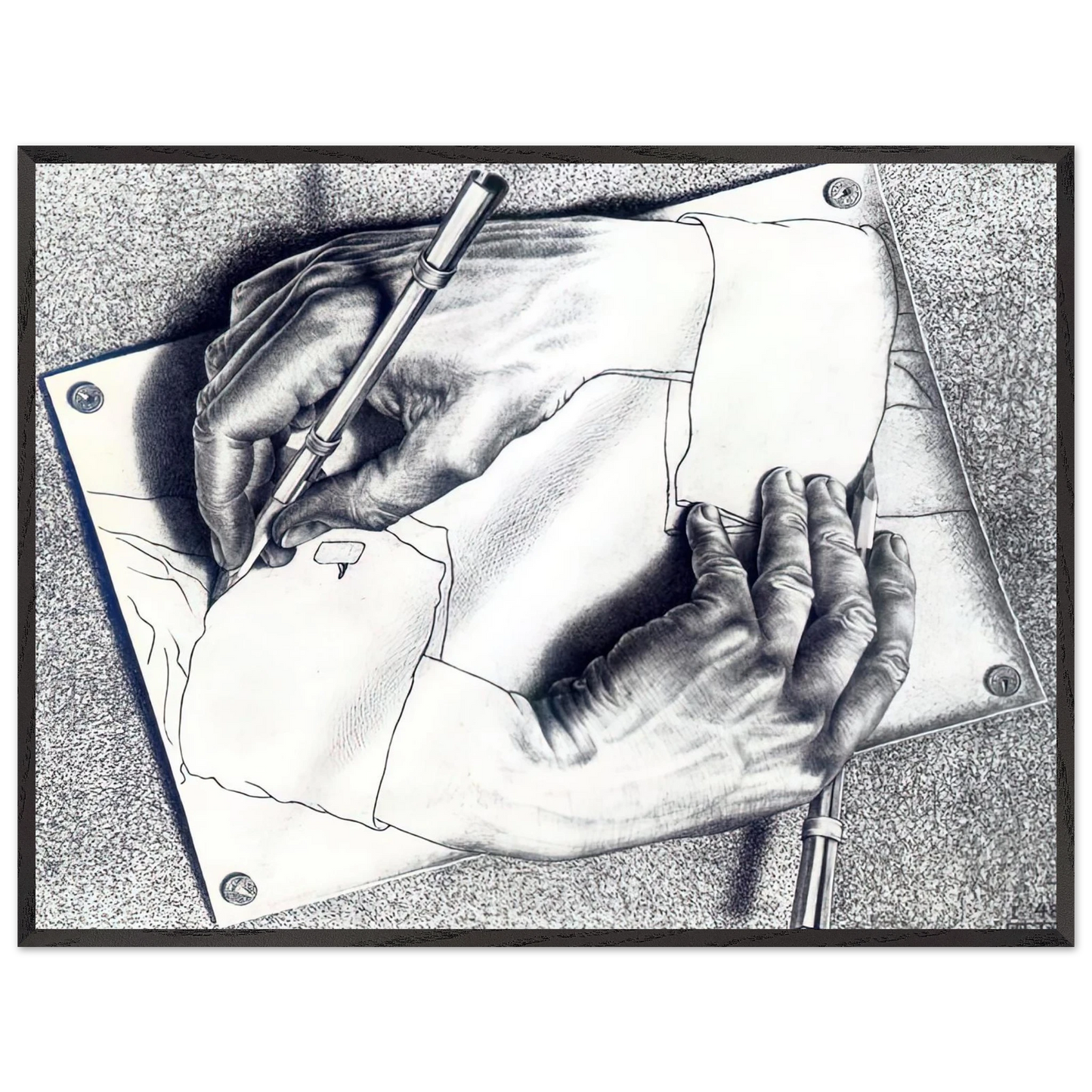 MC Escher - DRAWING HANDS Wall Art - 60x80 cm / 24x32 inches - Premium Wooden Framed Poster With Fine Art Paper-canvas - White frame