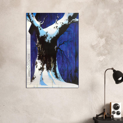 Blue Barn and Snow - Eyvind Earle Brushed Aluminum Print - 70x100 cm / 28x40 inches | Eyvind Earle Aluminum Print | Eyvind Earle Prints