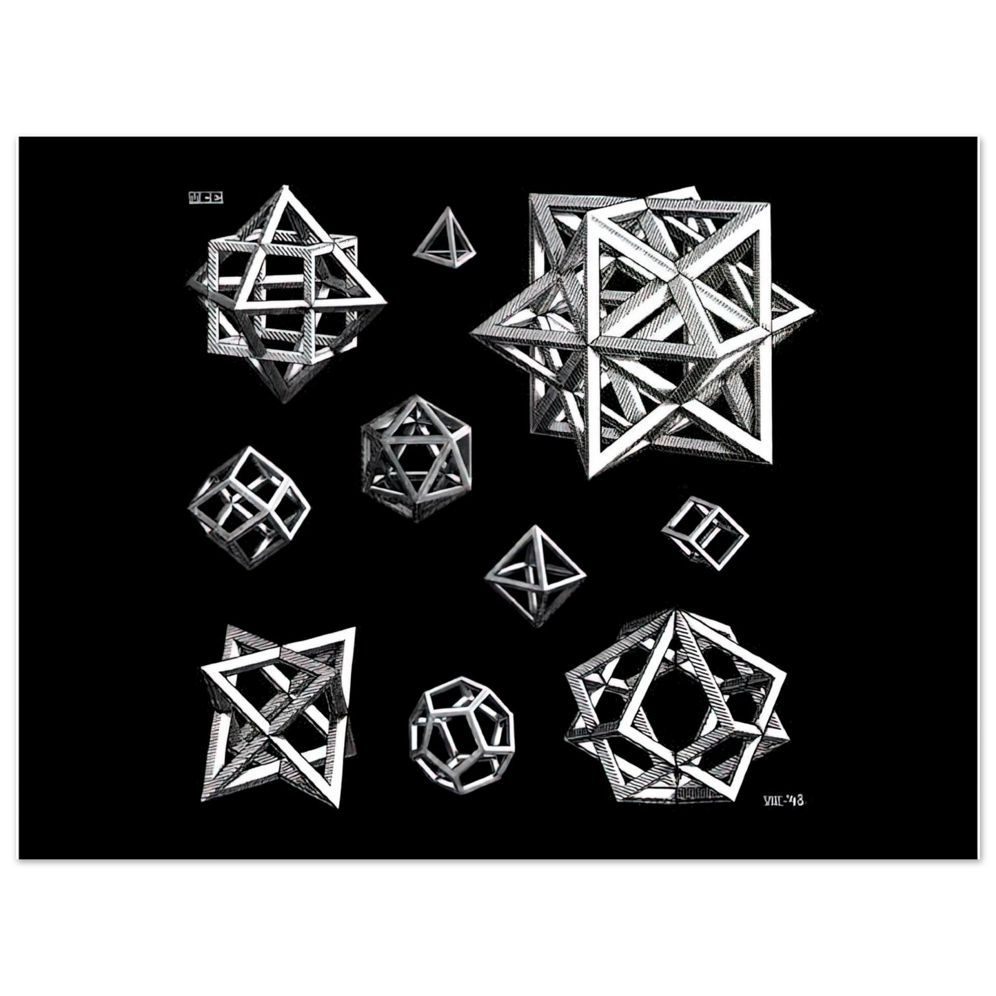 MC Escher - STUDY FOR STARS Wall Art - 21x29.7 cm / 8x12" - Premium Wooden Framed Poster With Fine Art Paper - Black frame