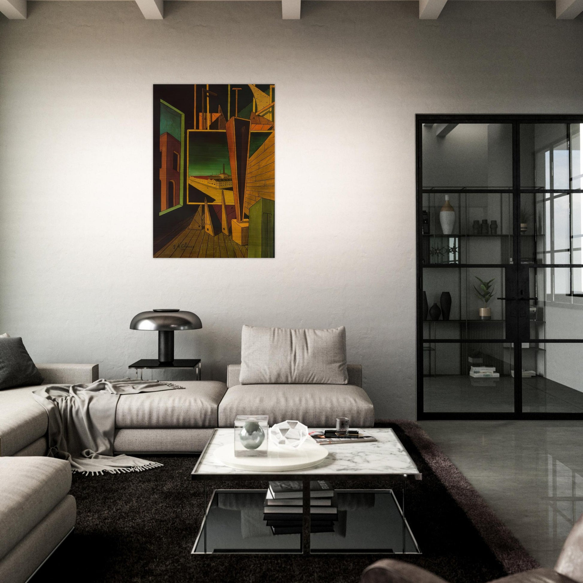 GEOMETRIC COMPOSITION WITH FACTORY LANDSCAPE 1917 - Giorgio de Chirico Brushed Aluminum Print - 70x100 cm / 28x40 inches | Giorgio de Chirico Aluminum Print | Giorgio de Chirico Prints