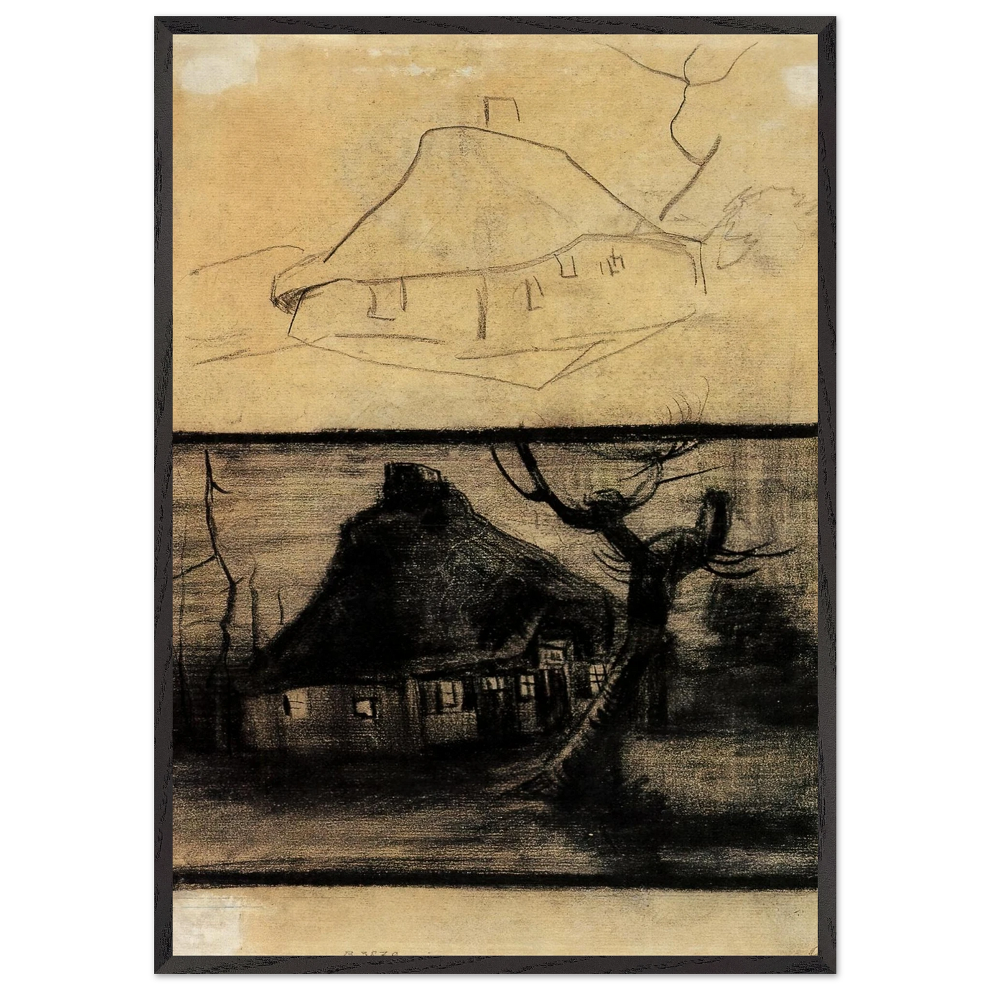 Two Studies of a Cottage - Vincent van Gogh 70x100 cm / 28x40 inches Framed Art Print – Black Wooden Frame