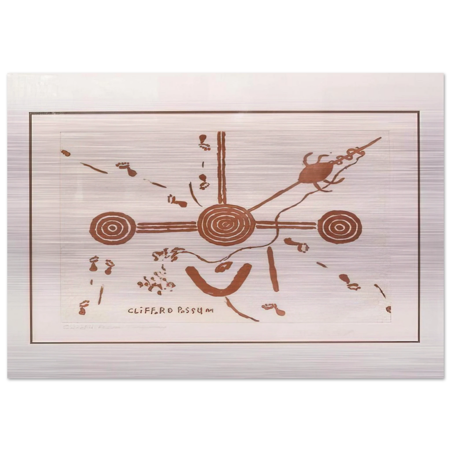 Ngarlu, Love Story - 1994 - Clifford Possum Tjapaltjarri Brushed Aluminum Print - 70x100 cm / 28x40 inches | Clifford Possum Tjapaltjarri Aluminum Print | Clifford Possum Tjapaltjarri Prints