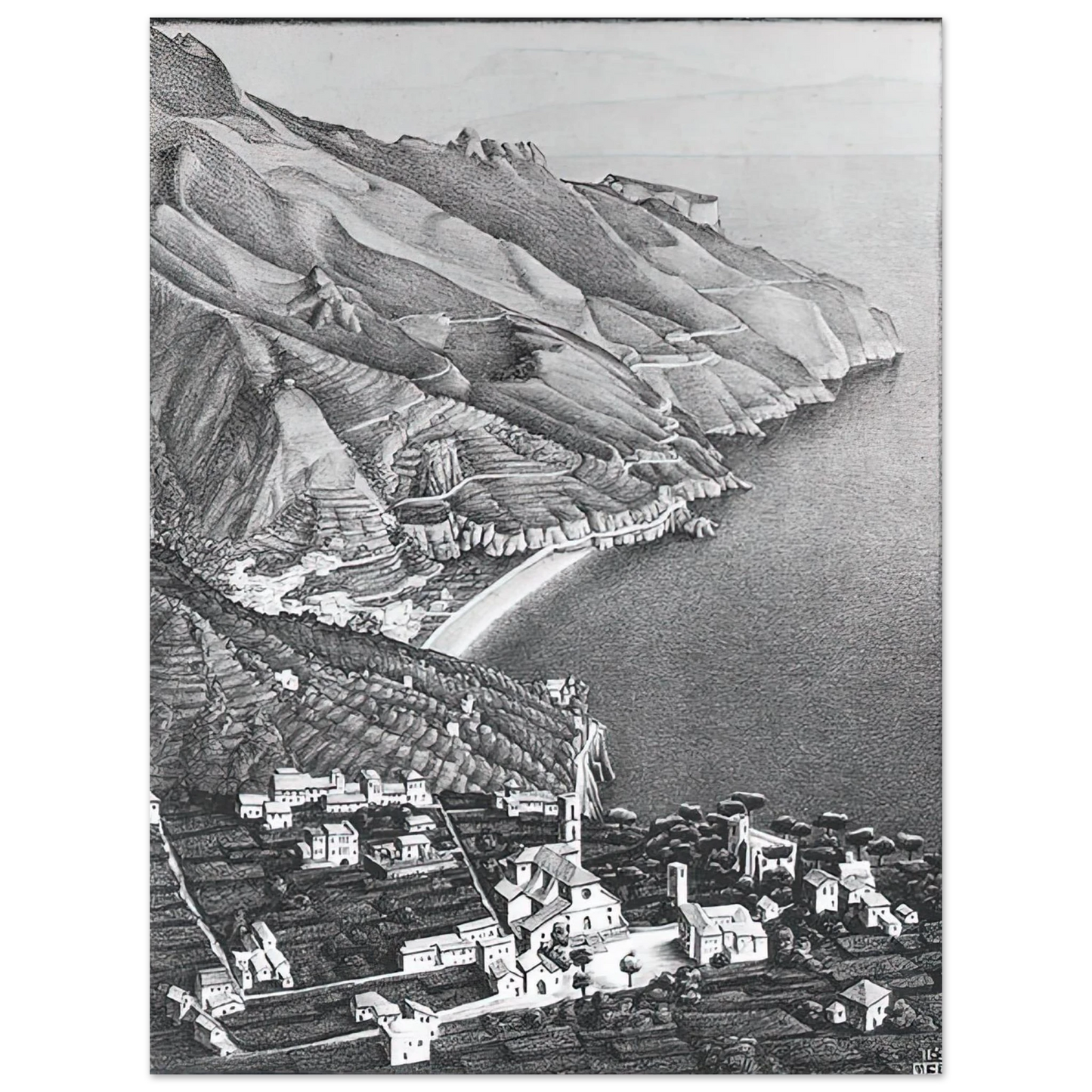 MC Escher - RAVELLO AND THE COAST OF AMALFI Wall Art - 21x29.7 cm / 8x12" - Premium Wooden Framed Poster With Fine Art Paper-canvas - Wood frame