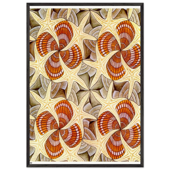 SHELLS AND STARFISH - MC Escher 70x100 cm / 28x40 inches Framed Art Print – Black Wooden Frame | Maurits Cornelis Escher Prints