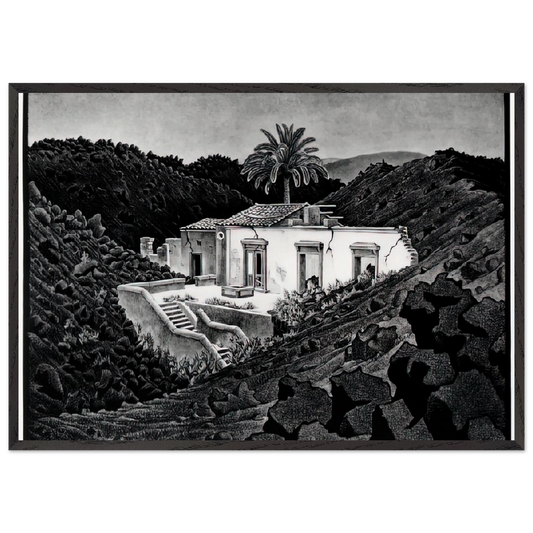 HOUSE IN THE LAVA NEAR NUNZIATA - MC Escher 70x100 cm / 28x40 inches Framed Art Print – Black Wooden Frame | Maurits Cornelis Escher Prints
