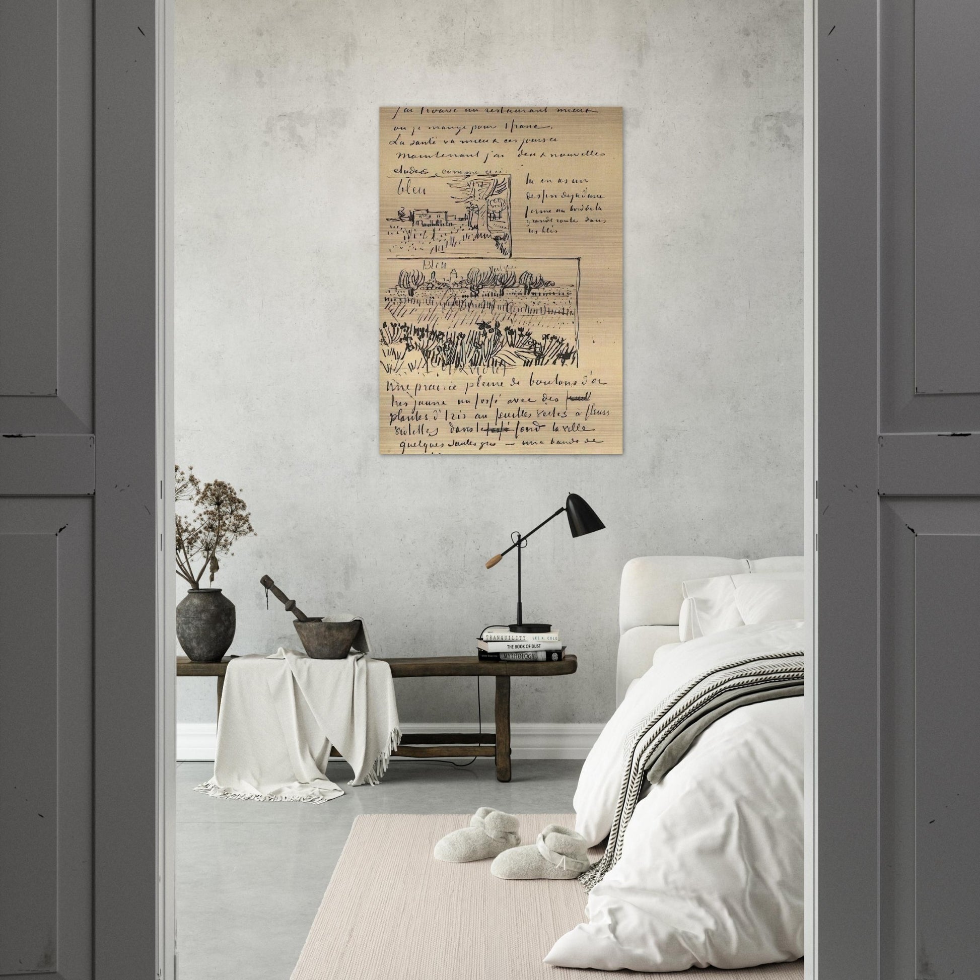 Farmhouse with Wheat Field along a Road and Field with Flowers - Vincent van Gogh Brushed Aluminum Print - 70x100 cm / 28x40 inches | Vincent van Gogh Aluminum Print | Vincent van Gogh Prints