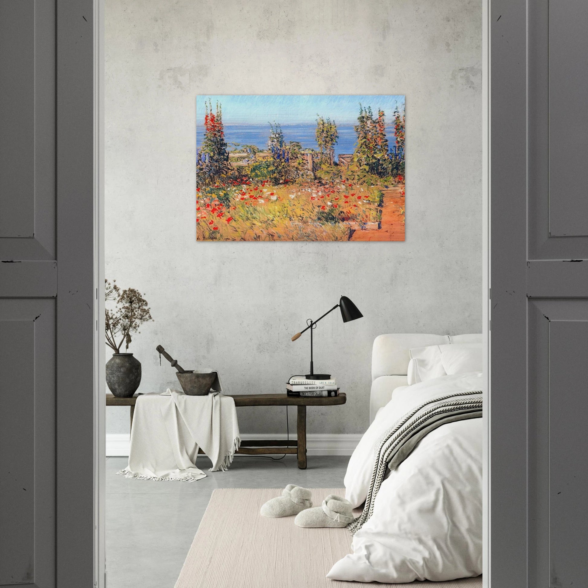 Hollyhocks, Isles of Shoals - Childe Hassam Brushed Aluminum Print - 70x100 cm / 28x40 inches | Childe Hassam Aluminum Print | Childe Hassam Prints