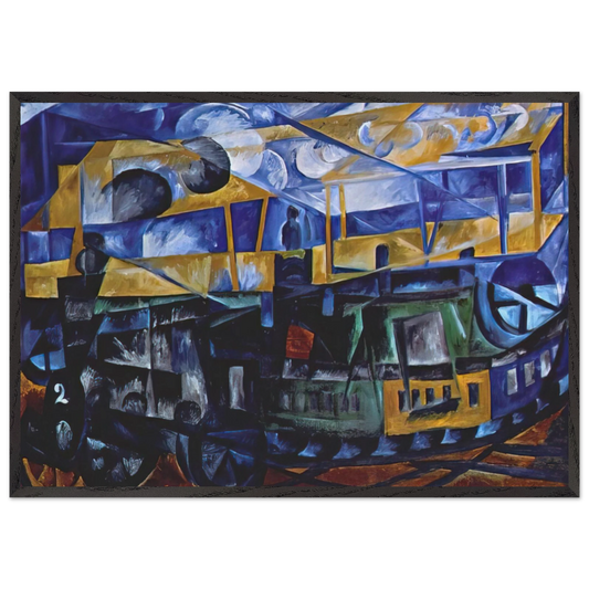 Airplane over train - 1913 - Natalia Goncharova 70x100 cm / 28x40 inches Framed Art Print – Black Wooden Frame
