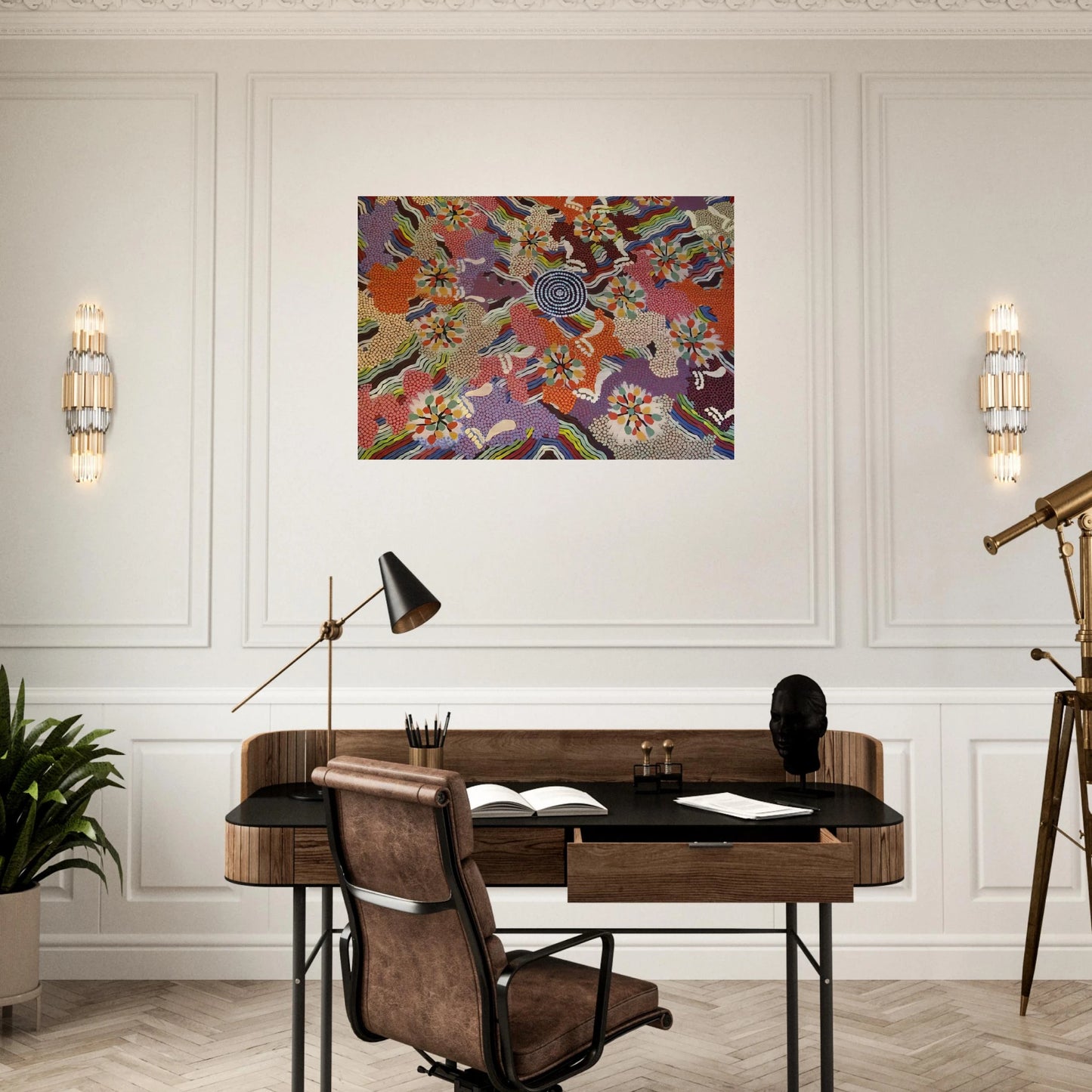 Food Gathering Napparbee - Native Art - Clifford Possum Tjapaltjarri Brushed Aluminum Print - 70x100 cm / 28x40 inches | Clifford Possum Tjapaltjarri Aluminum Print | Clifford Possum Tjapaltjarri Prints