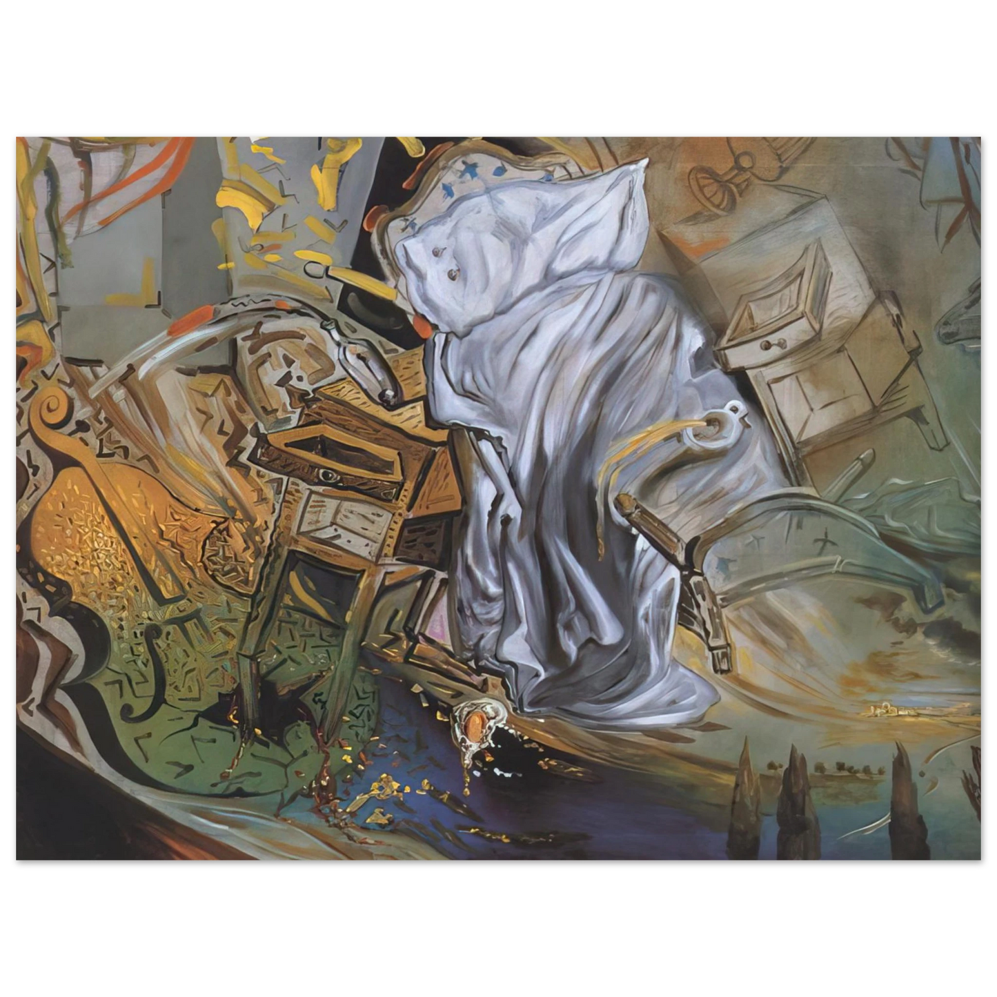 Salvador Dali - BED AND TWO BEDSIDE TABLES FEROCIOUSLY ATTACKING A CELLO FINAL STAGE  75x100 cm / 30x40inches Fine Art Poster