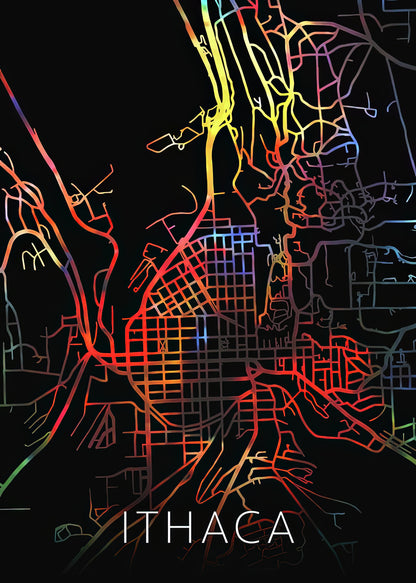 Ithaca New York Watercolor City Street Map Dark Mode Art Print | RedKalion