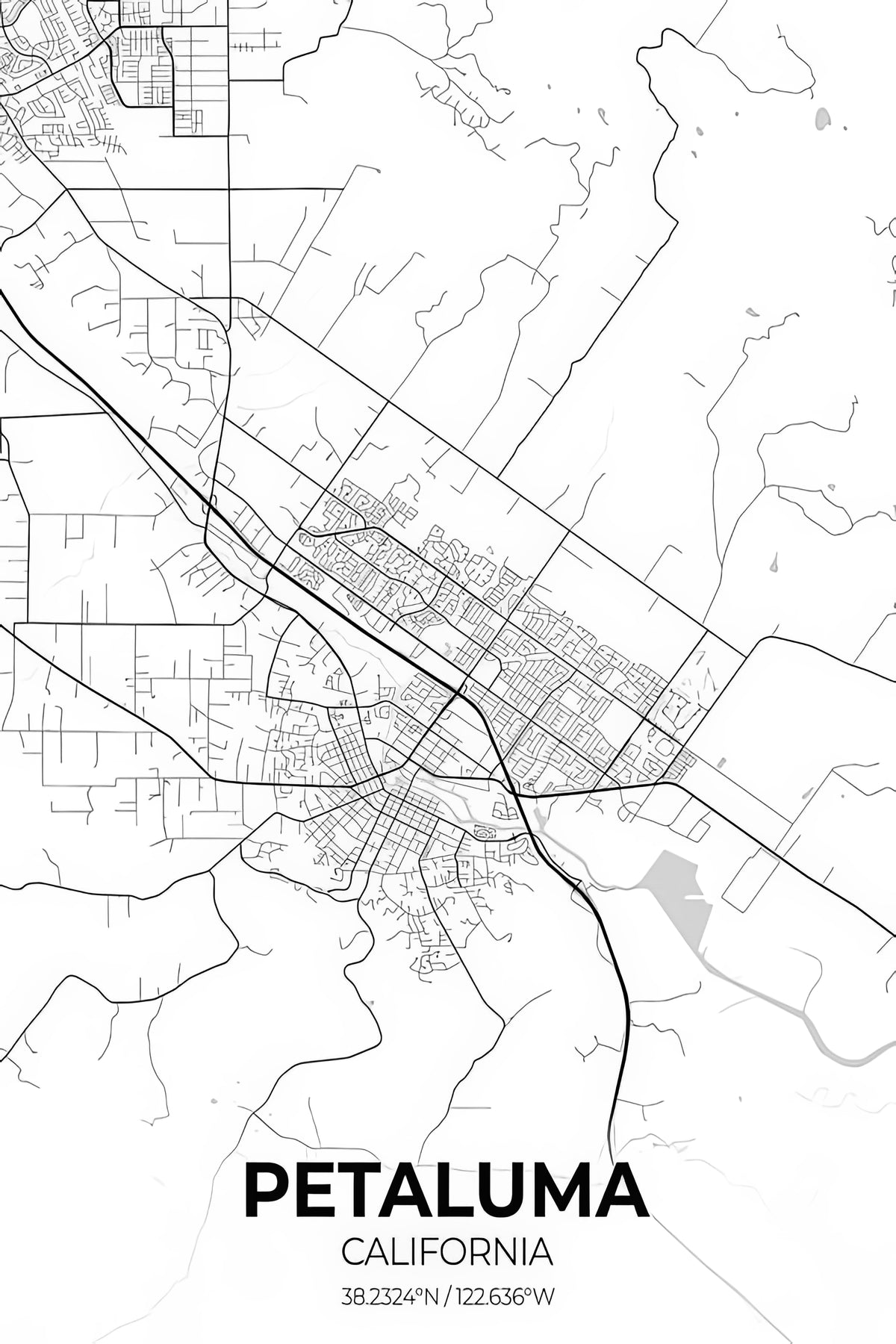 Petaluma City Map Art Print | Premium Cartographic Wall Art | RedKalion