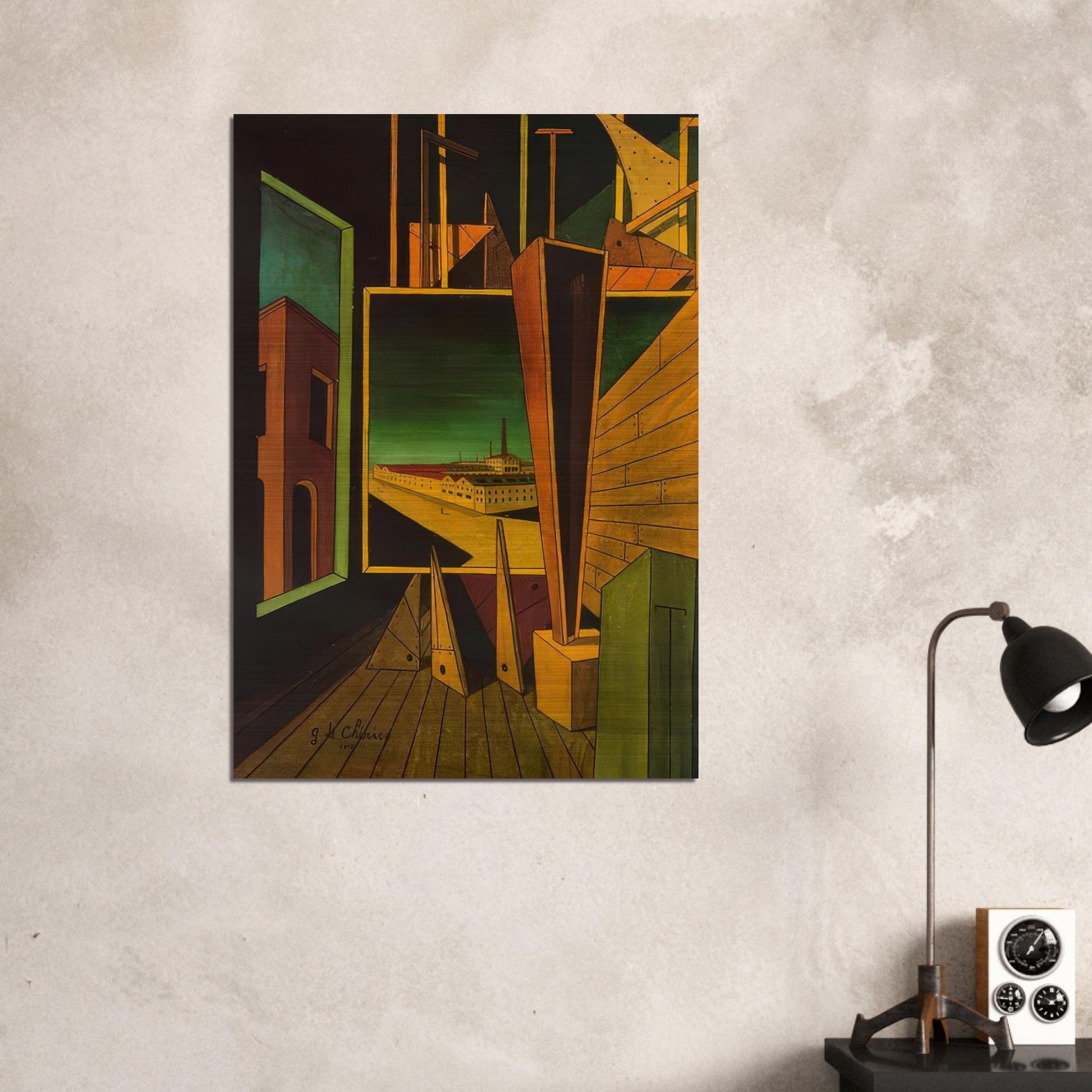 GEOMETRIC COMPOSITION WITH FACTORY LANDSCAPE 1917 - Giorgio de Chirico Brushed Aluminum Print - 70x100 cm / 28x40 inches | Giorgio de Chirico Aluminum Print | Giorgio de Chirico Prints