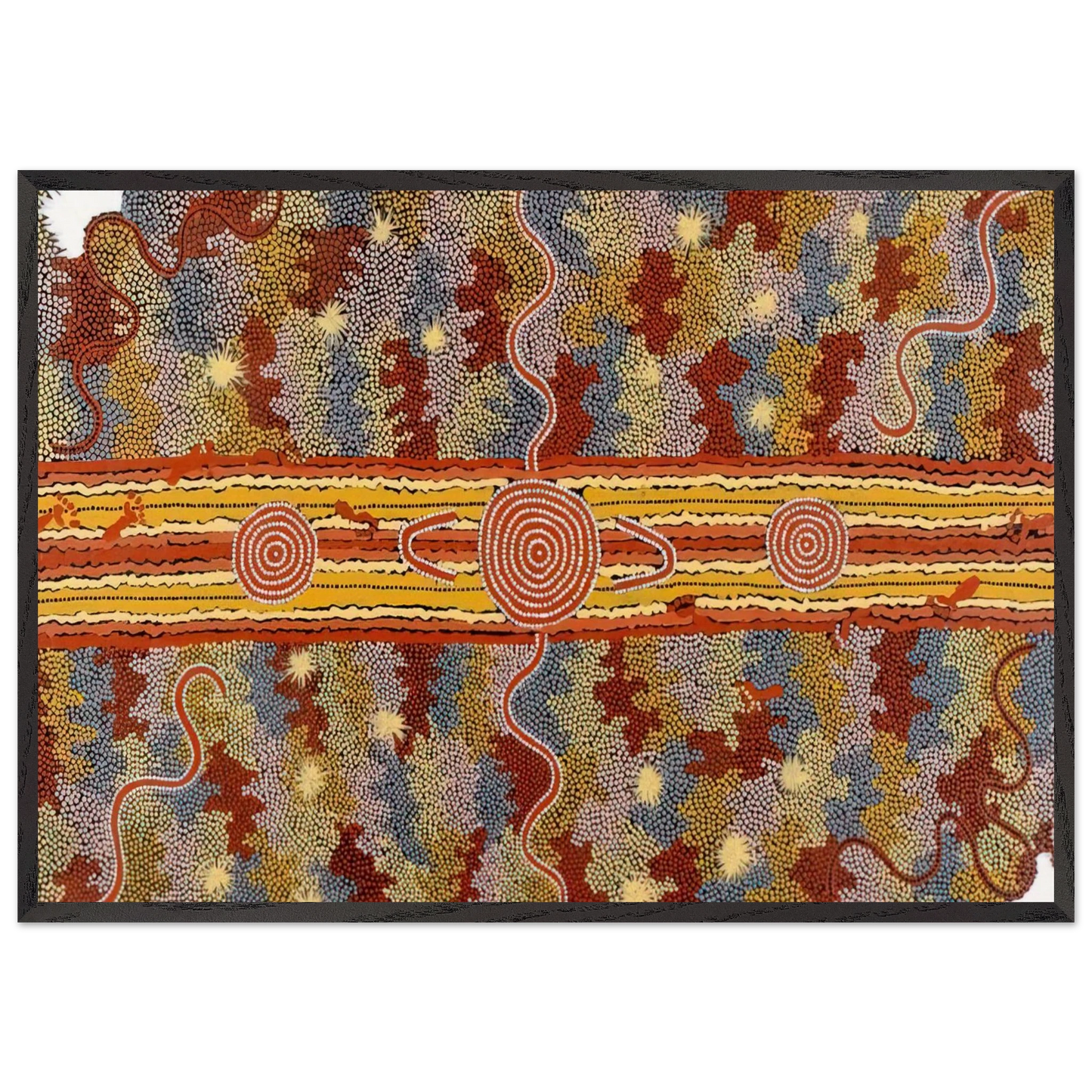 Corrobboree Dreaming - Native Art - Clifford Possum Tjapaltjarri 70x100 cm / 28x40 inches Framed Art Print – Black Wooden Frame