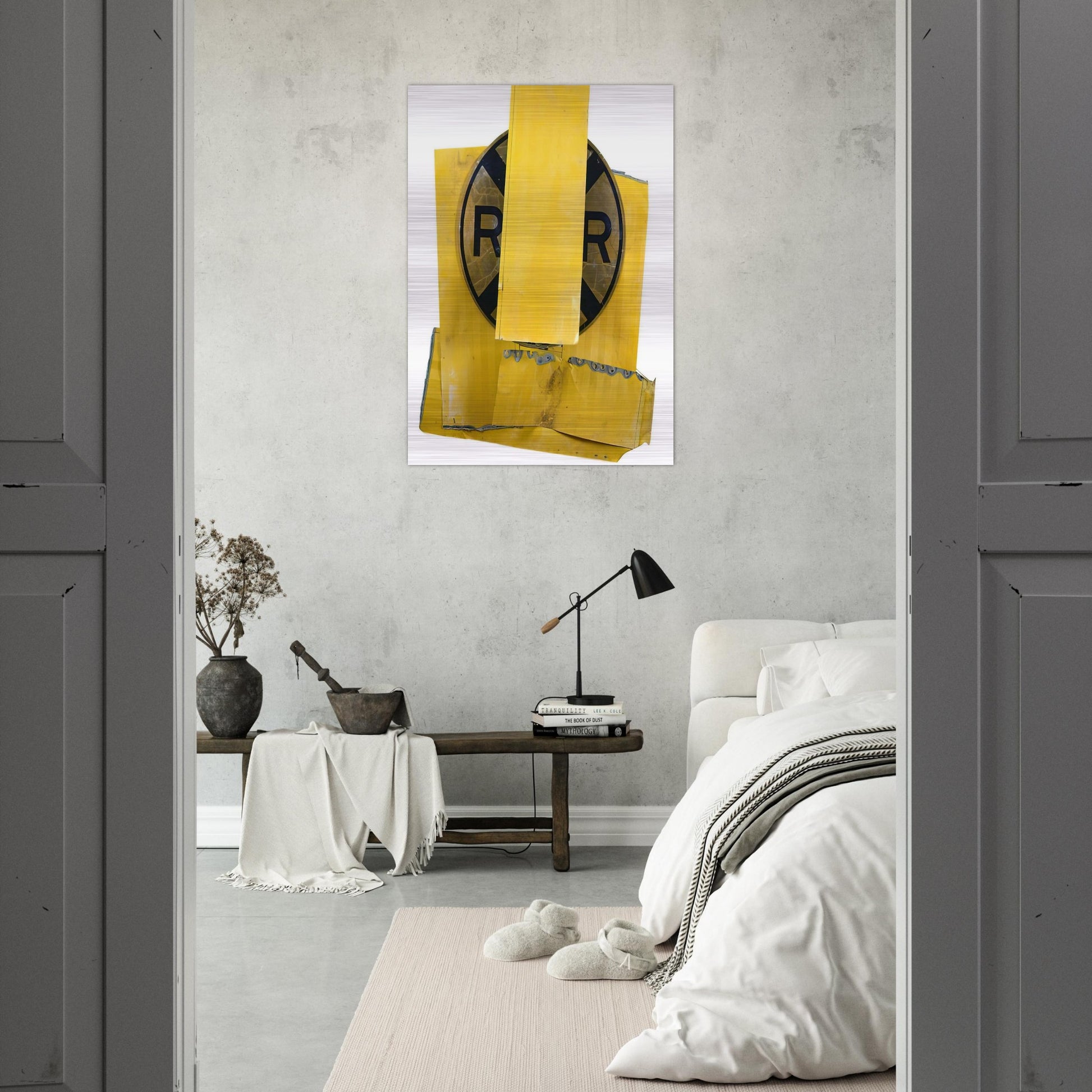 YELLOW VISOR GLUT 1989 - Robert Rauschenberg Brushed Aluminum Print - 70x100 cm / 28x40 inches | Robert Rauschenberg Aluminum Print | Robert Rauschenberg Prints