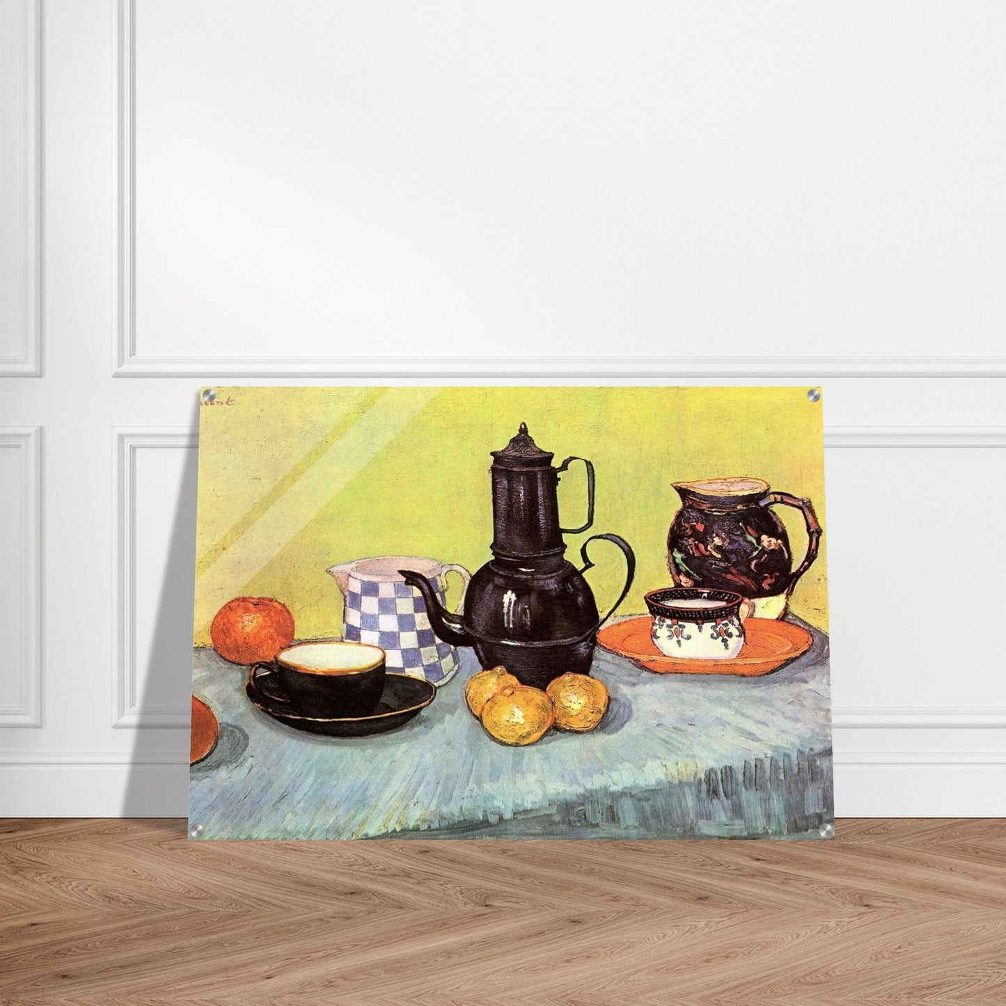 Still Life with Blue Enamel Coffeepot, Earthenware and Fruit - Vincent van Gogh Acrylic Print - 70x100 cm / 28x40″ inches | Vincent van Gogh Wall Art | Vincent van Gogh Prints