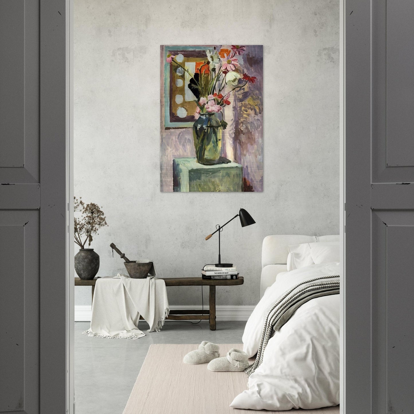 FLOWERS IN A GLASS VASE WITH ABSTRACT NEEDLEWORK DESIGN - Vanessa Bell Brushed Aluminum Print - 70x100 cm / 28x40 inches | Vanessa Bell Aluminum Print | Vanessa Bell Prints