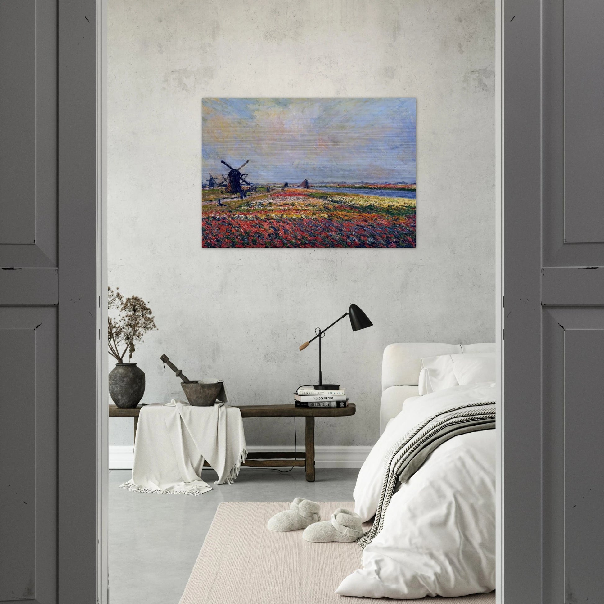 Fields of Flowers and Windmills near Leiden - claude monet Brushed Aluminum Print - 70x100 cm / 28x40 inches | claude monet Aluminum Print | claude monet Prints