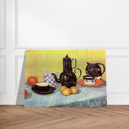 Still Life with Blue Enamel Coffeepot, Earthenware and Fruit - Vincent van Gogh Brushed Aluminum Print - 70x100 cm / 28x40 inches | Vincent van Gogh Aluminum Print | Vincent van Gogh Prints