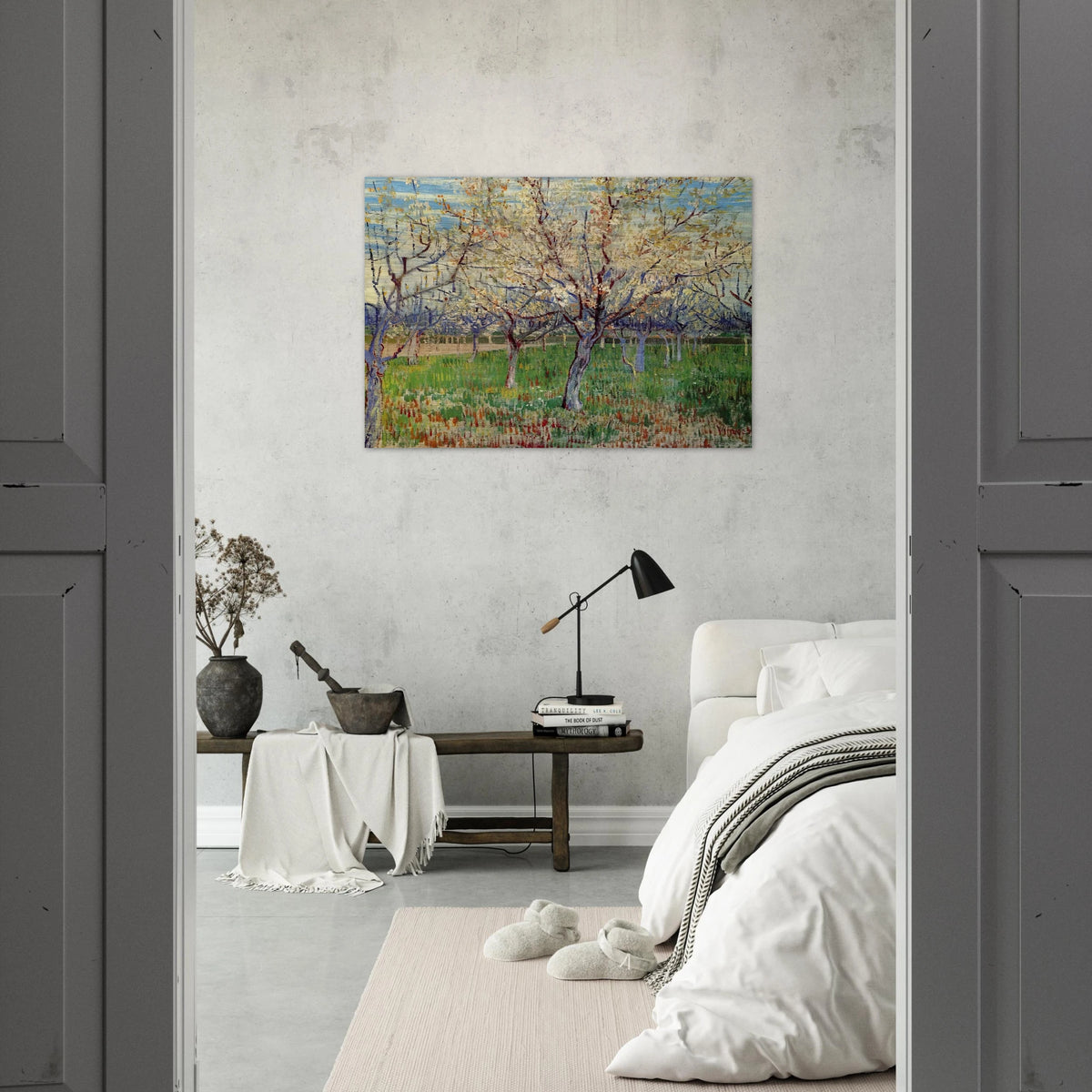 Orchard with Blossoming Apricot Trees - Vincent van Gogh Brushed Aluminum Print - 70x100 cm / 28x40 inches | Vincent van Gogh Aluminum Print | Vincent van Gogh Prints