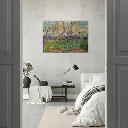 Orchard with Blossoming Apricot Trees - Vincent van Gogh Brushed Aluminum Print - 70x100 cm / 28x40 inches | Vincent van Gogh Aluminum Print | Vincent van Gogh Prints