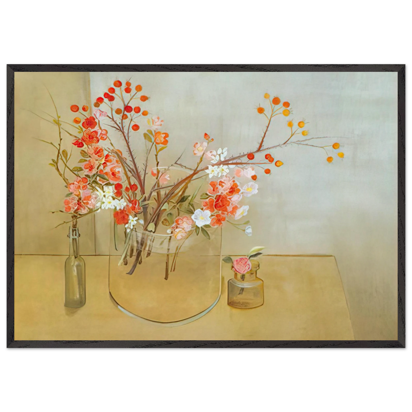 Winter Bouquet flowering quince rosehaws narcissus winter rose and camellia - 1977 - Morris Graves 70x100 cm / 28x40 inches Framed Art Print – Black Wooden Frame