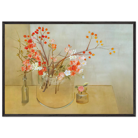 Winter Bouquet flowering quince rosehaws narcissus winter rose and camellia - 1977 - Morris Graves 70x100 cm / 28x40 inches Framed Art Print – Black Wooden Frame